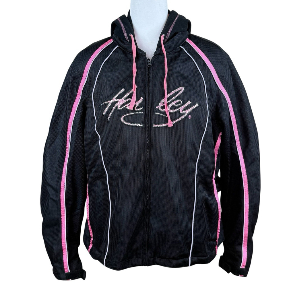 HARLEY Women's 1W Black Mesh Biker Jacket 3-in-1 Style Pink Jewels Plus 18/20